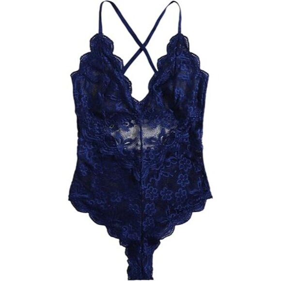 Lace Bodysuit Lingerie with Cross Back Straps in Navy Blue Size M. - Picture 1 of 11
